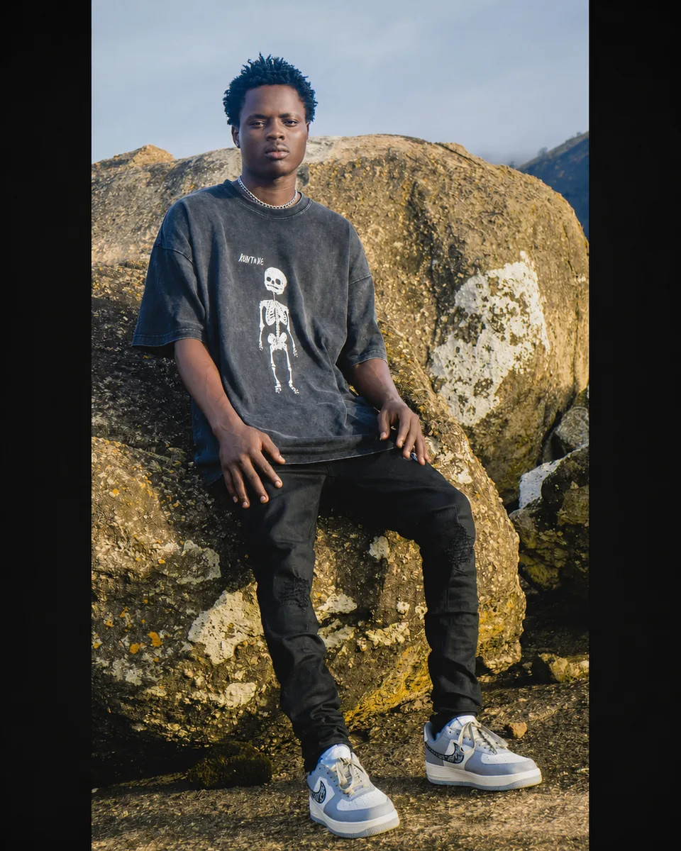 Outdoor portrait of a male model seated on rocks in natural light
