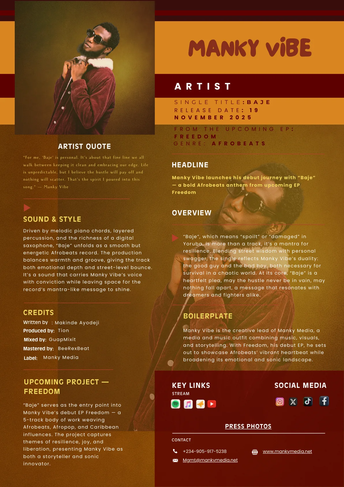 Baje one-sheet EPK preview by Manky Media
