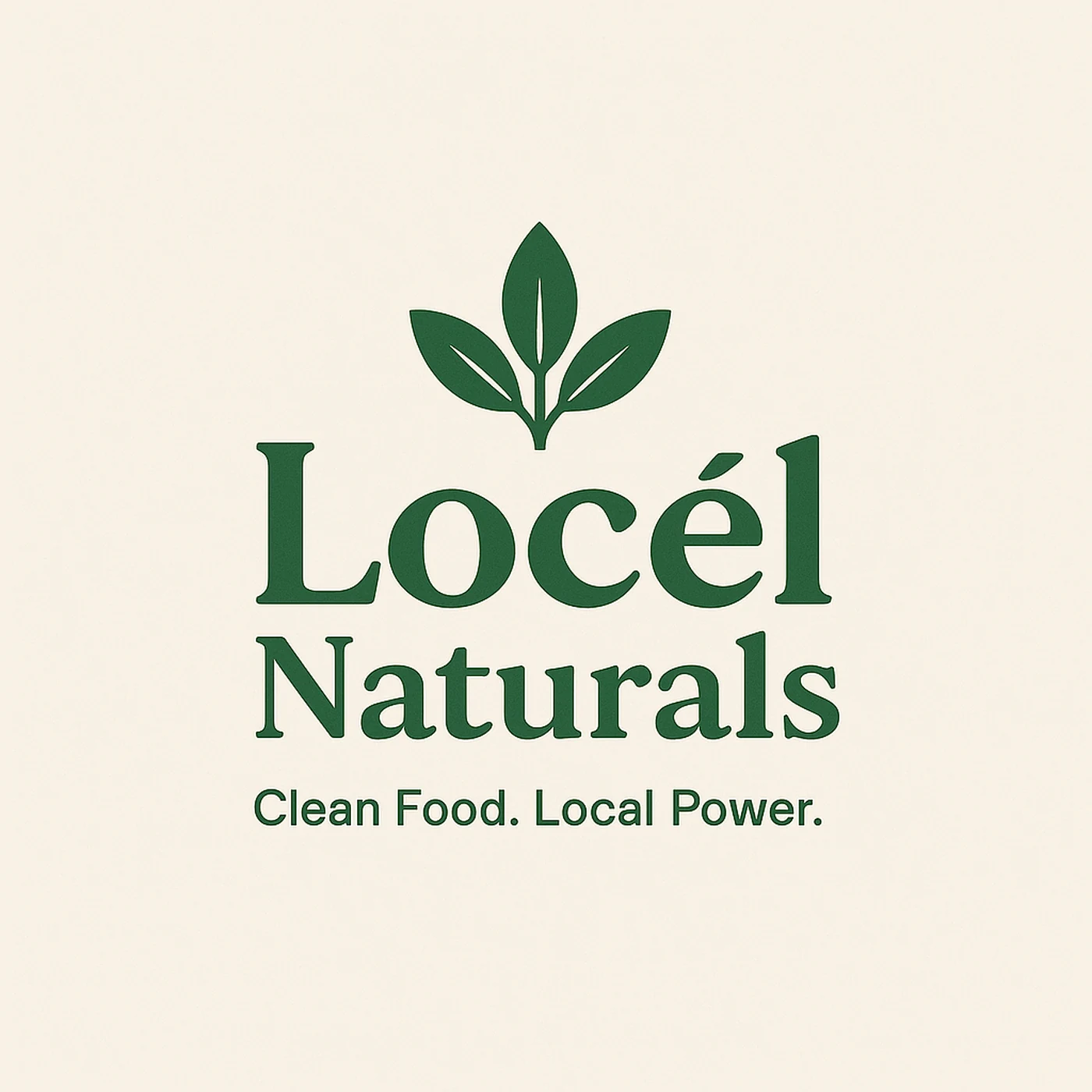 Locél Naturals logo design with green serif typography, leaf symbol, and clean food local power tagline